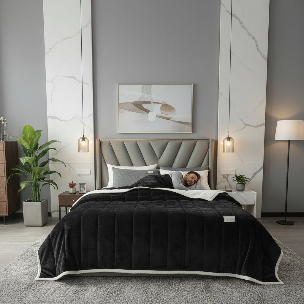 Black blanket on bed