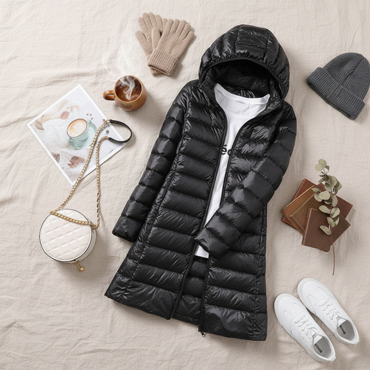 Black puffer jacket on linen