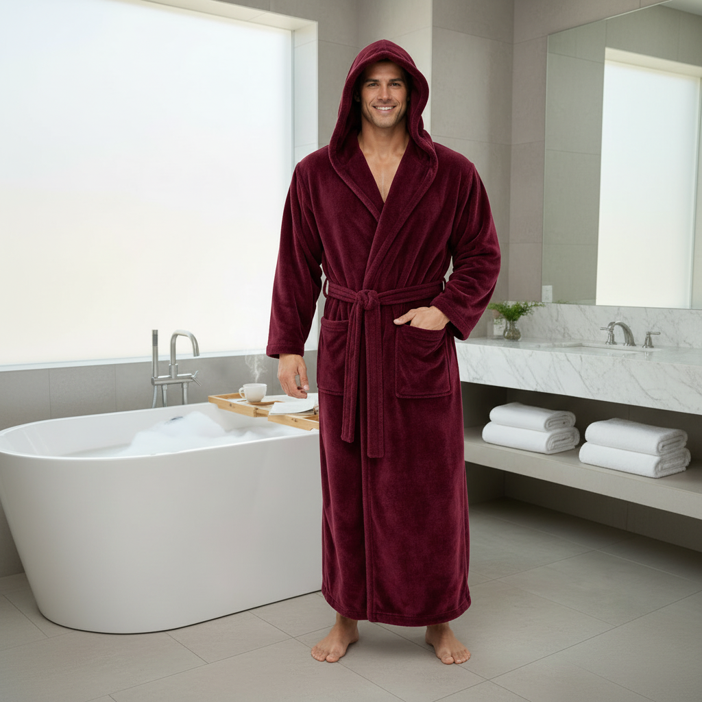 Man wearing wine red hooded bathrobe