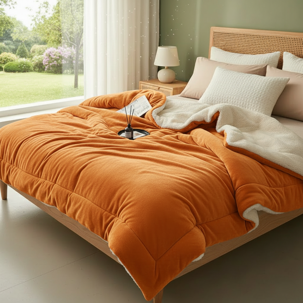 Orange blanket bedroom scene