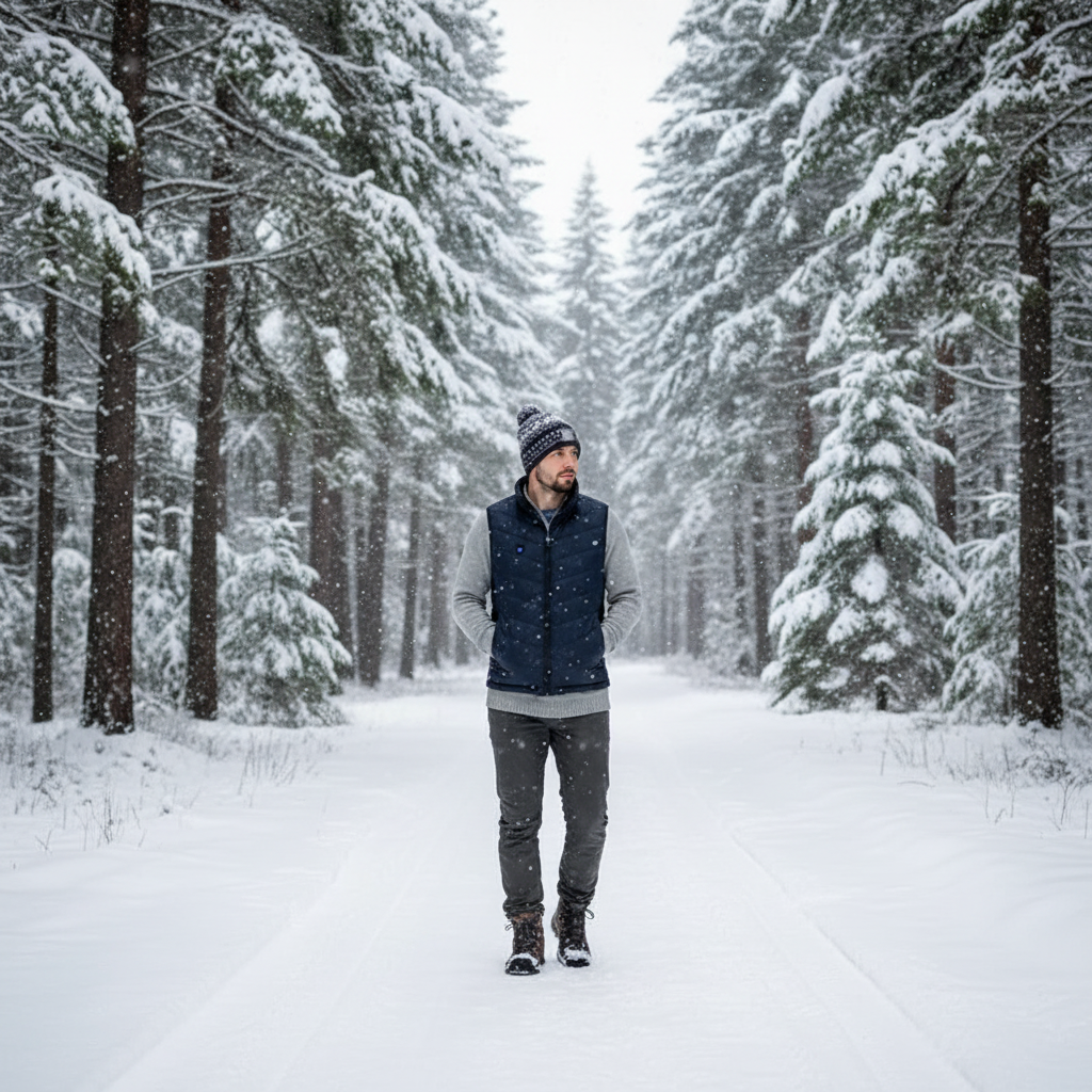 Person in Heated Vest - Snowy Forest