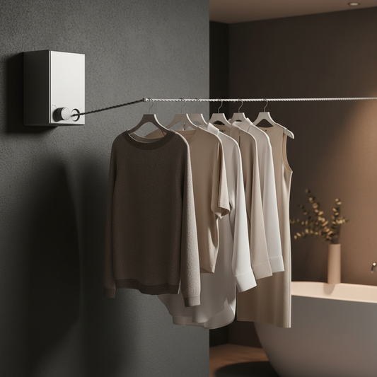 Retractable washing line with clothes on charcoal wall