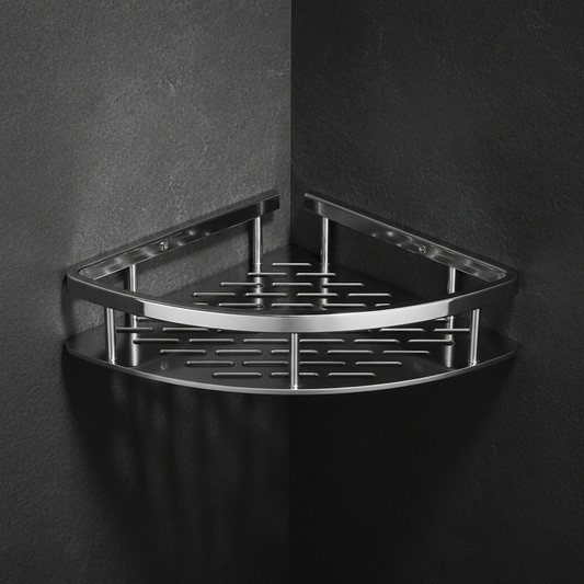 Silver corner shelf on dark background