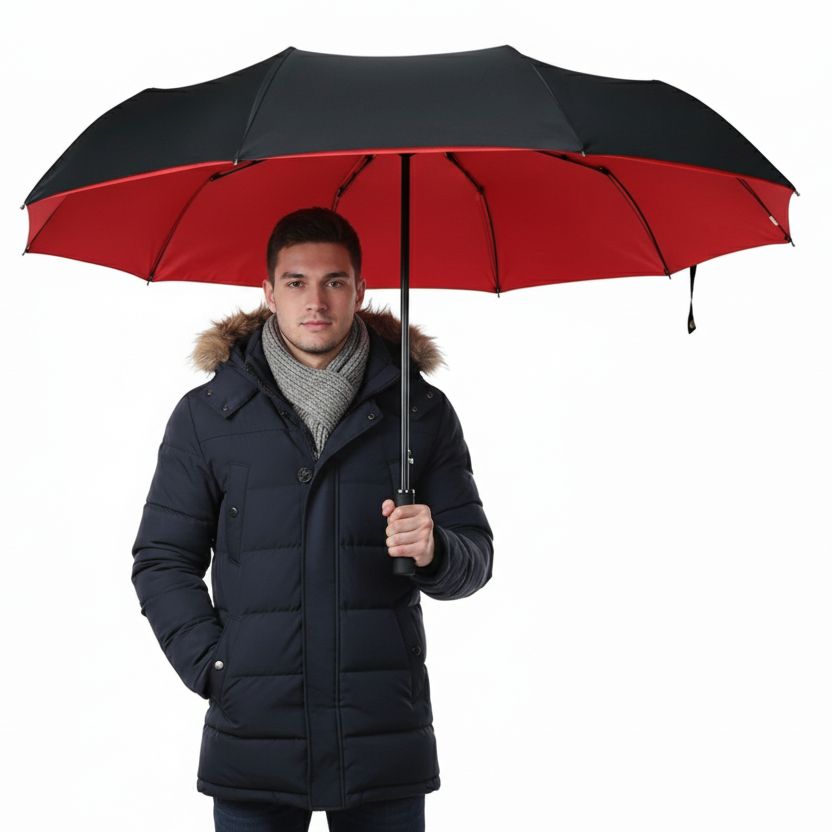 Man holding a red and black umbrella against a white background