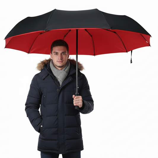 Man holding a red and black umbrella against a white background