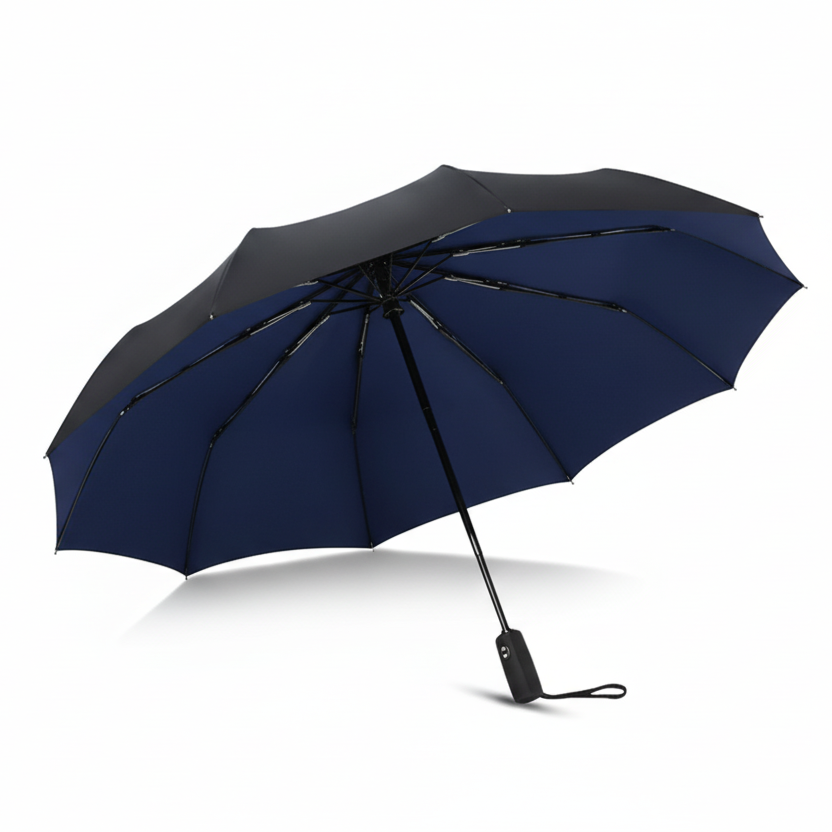 Collage of a blue umbrella with black handle and canopy on a light gray background.