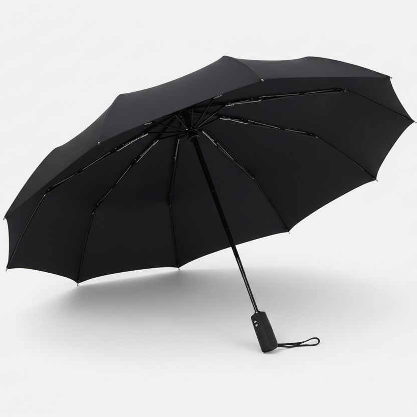 Black umbrella shown in various stages of opening on a gray background