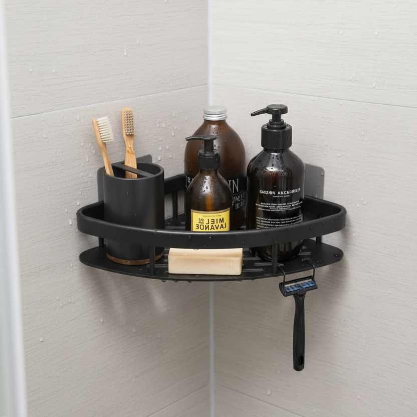Black shower caddy with toiletries on a tiled shower wall