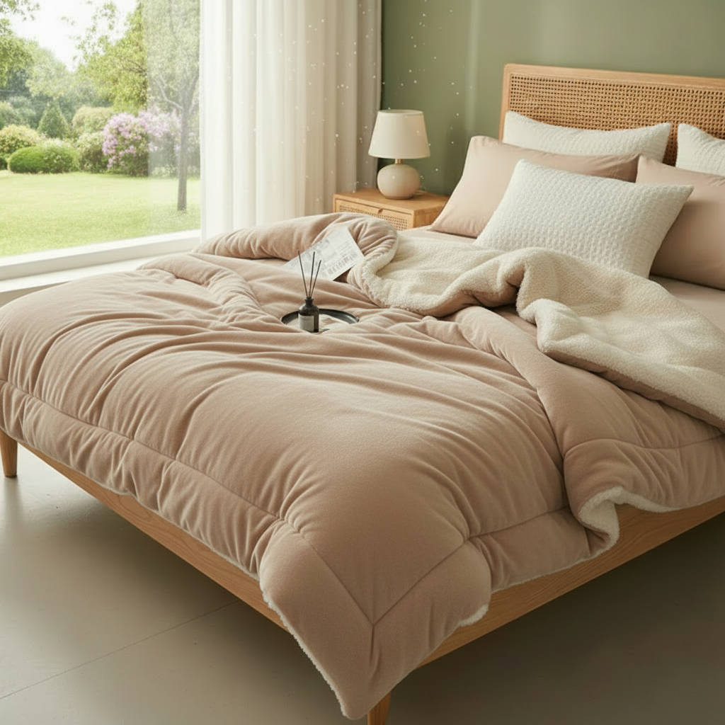 Beige blanket bedroom scene
