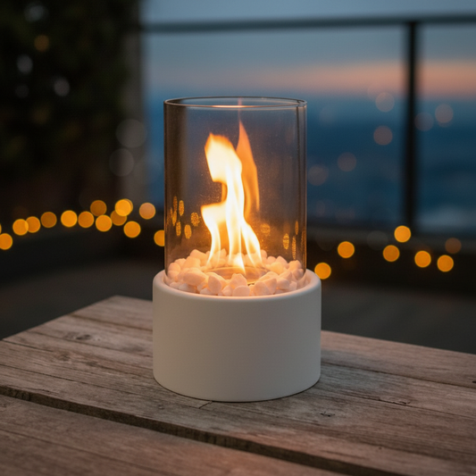 Close-up bioethanol fireplace outdoors at twilight