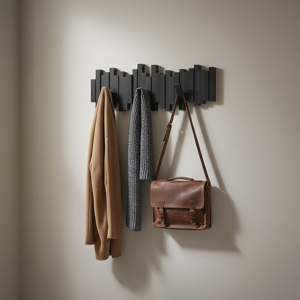 Coat rack with beige wall background