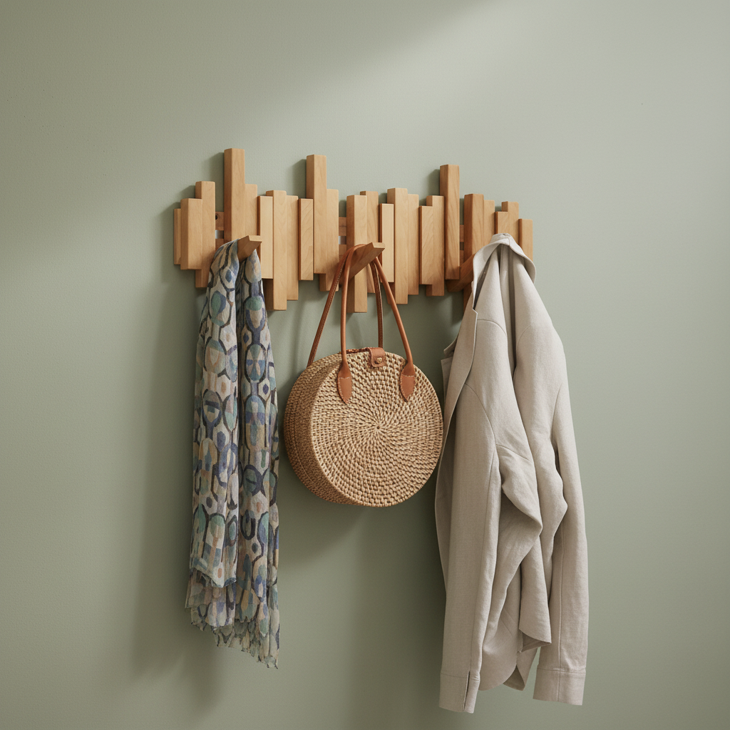 Coat rack with linen jacket, basket bag, and patterned scarf