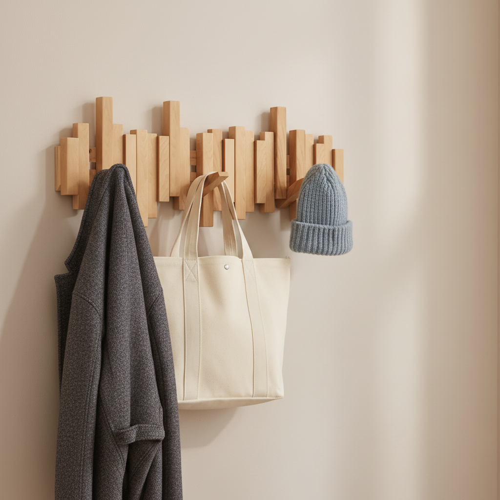 Coat rack with wool coat, tote bag, and knit beanie