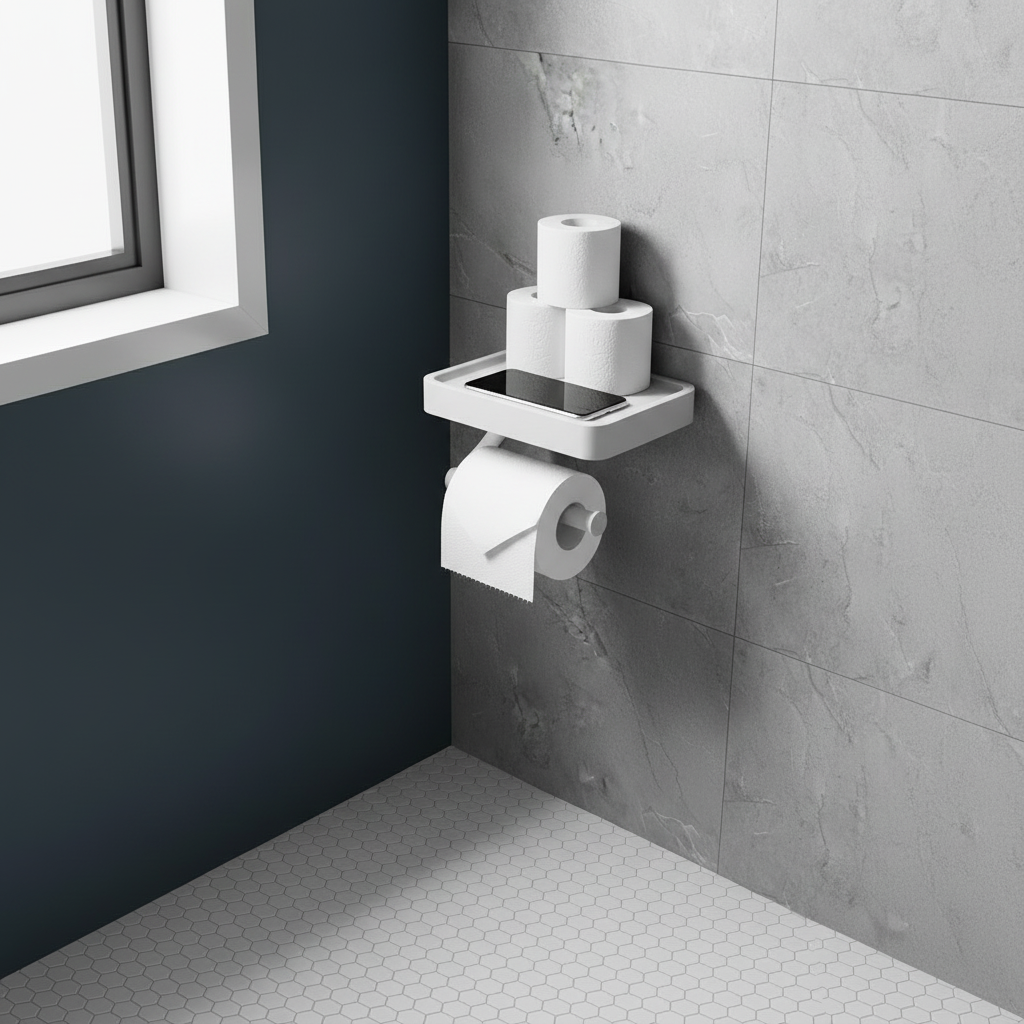 Compact bathroom with navy walls