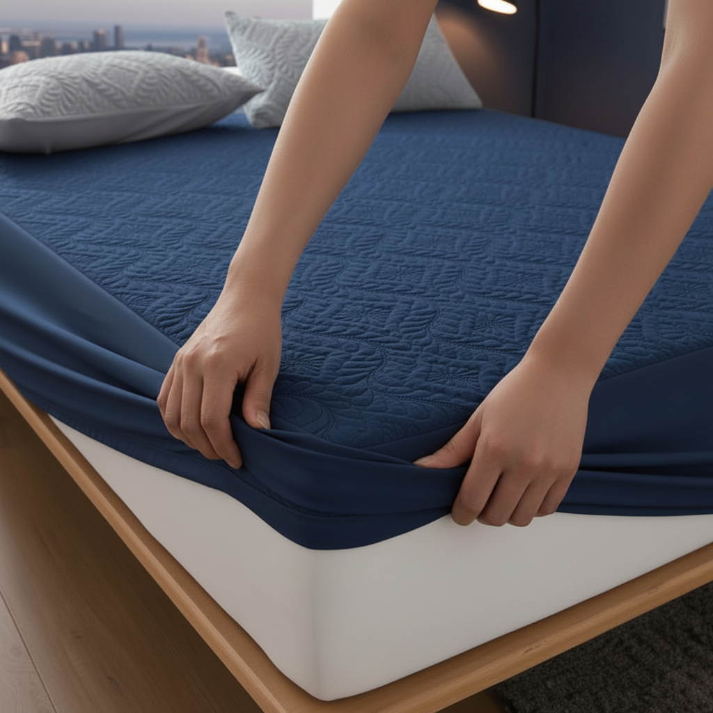 Dark blue mattress protector installation