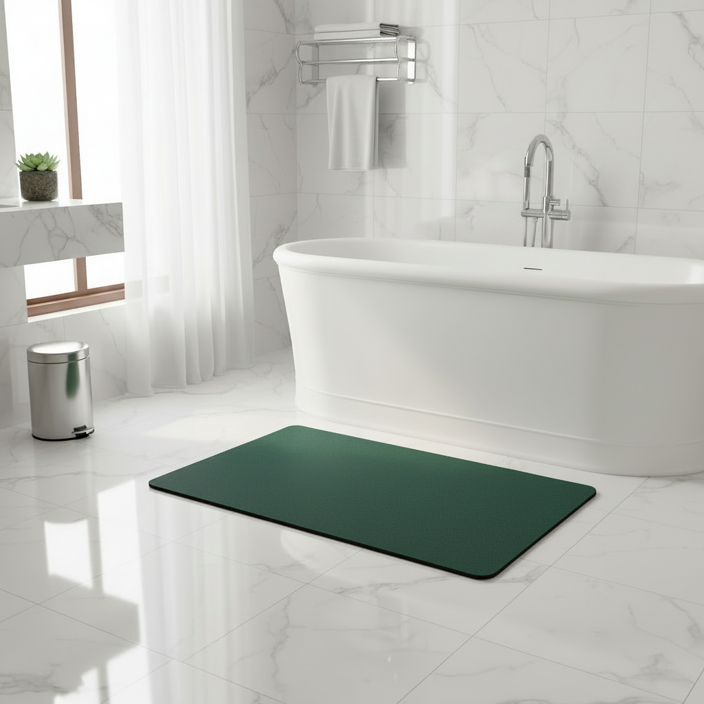 Dark green bath mat in white marble bathroom