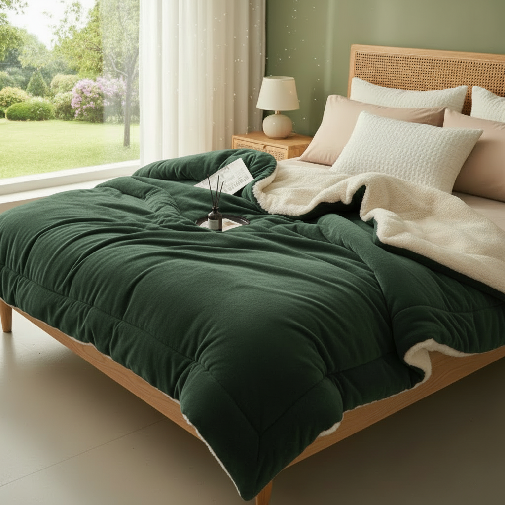 Dark green blanket bedroom scene