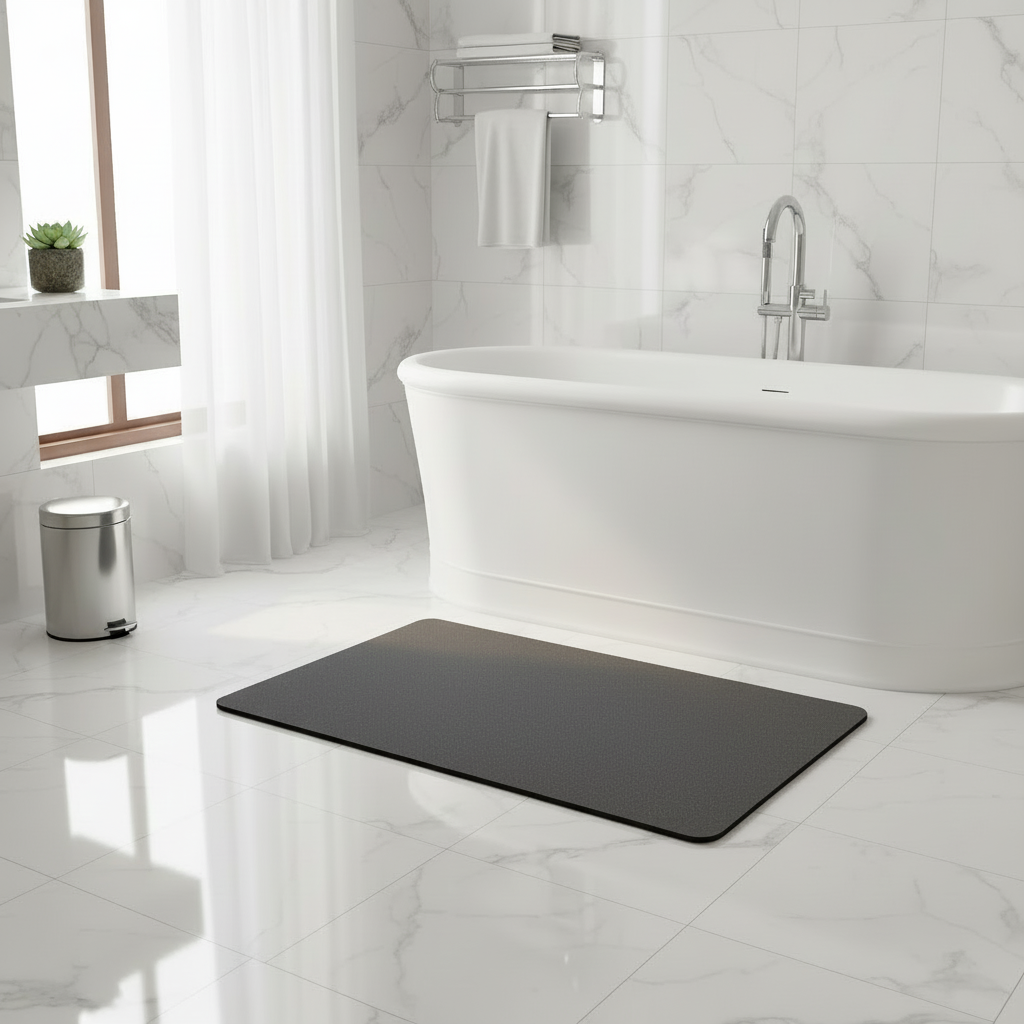Dark grey bath mat in white marble bathroom