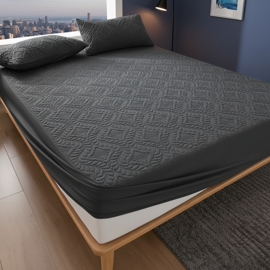 Dark grey mattress protector lifestyle