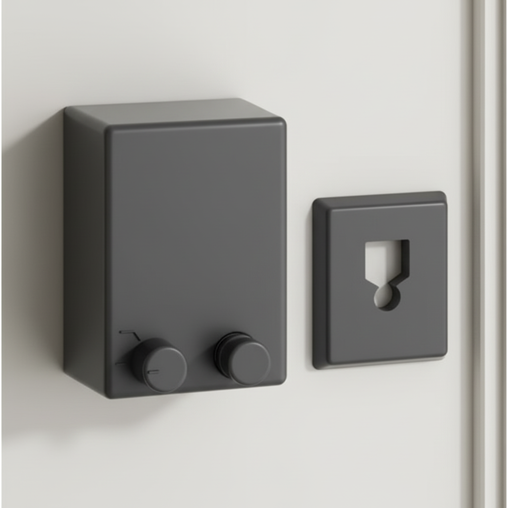 Gray bathroom dispenser and retractable washing line on light wall