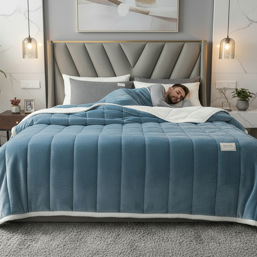 Gray blue blanket on bed