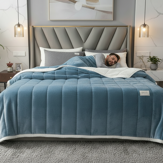 Gray blue blanket on bed