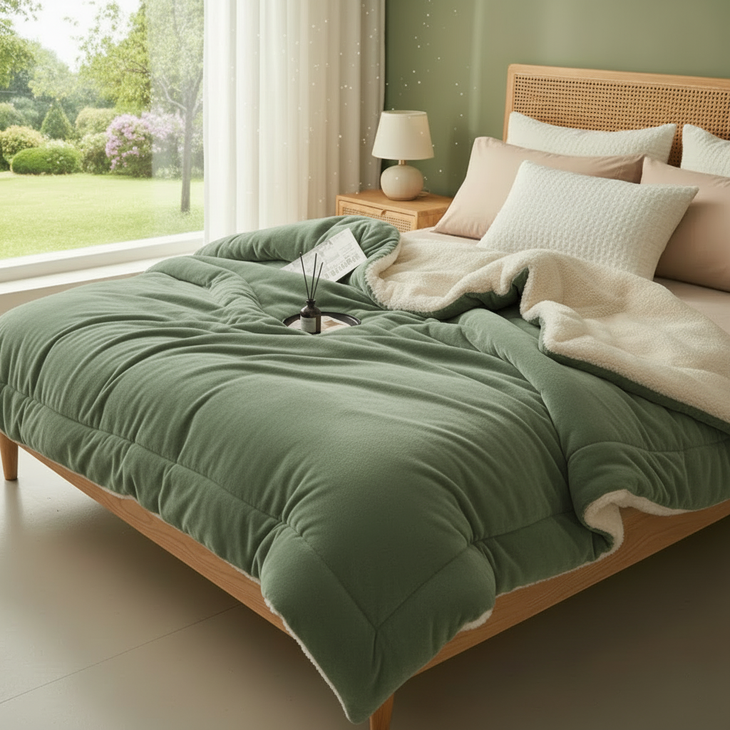 Green blanket bedroom scene