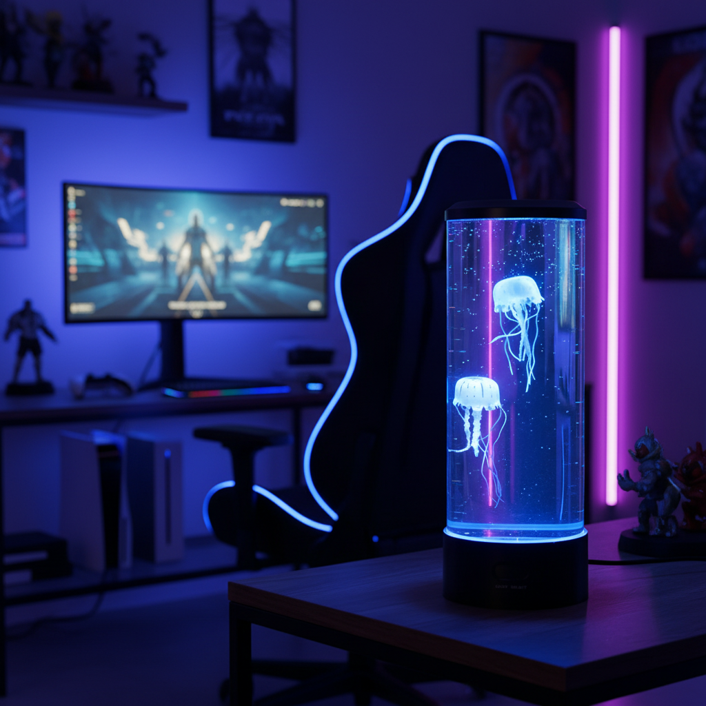 Jellyfish lamp in gaming room setup