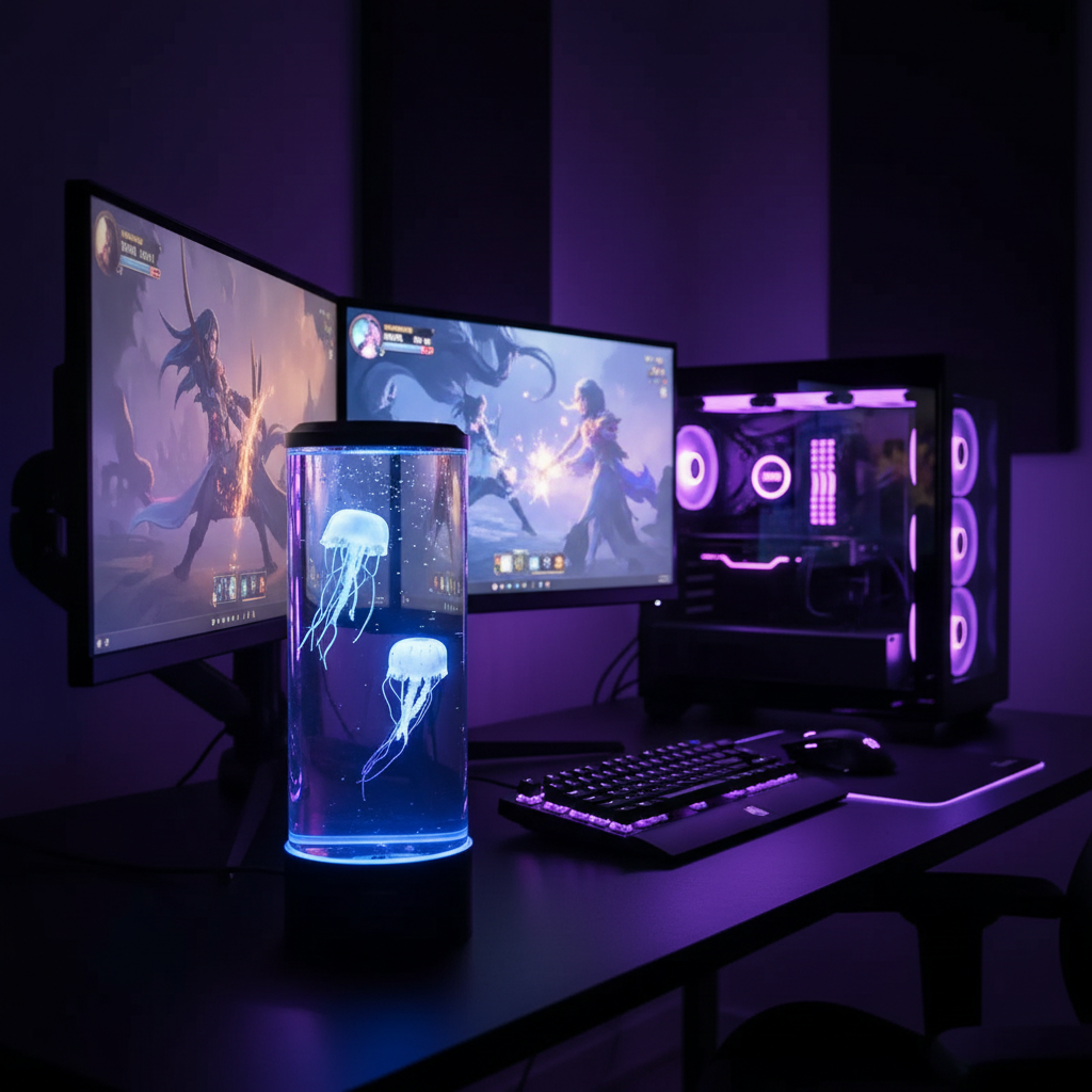 Jellyfish lamp on gaming desk with PC