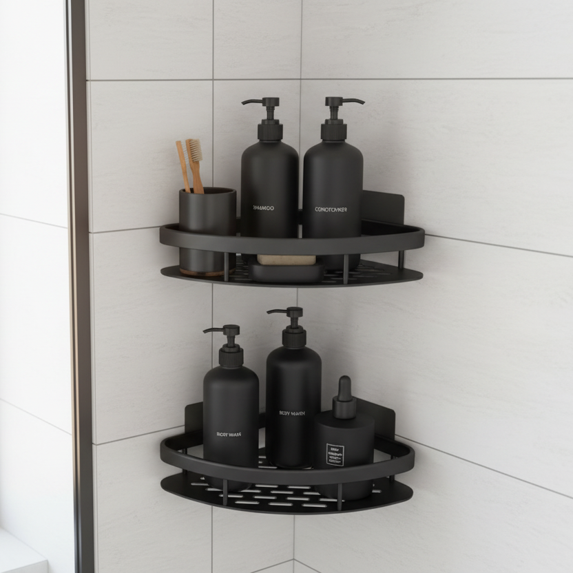 Black corner shower caddy with bottles and tools on a tiled shower wall.