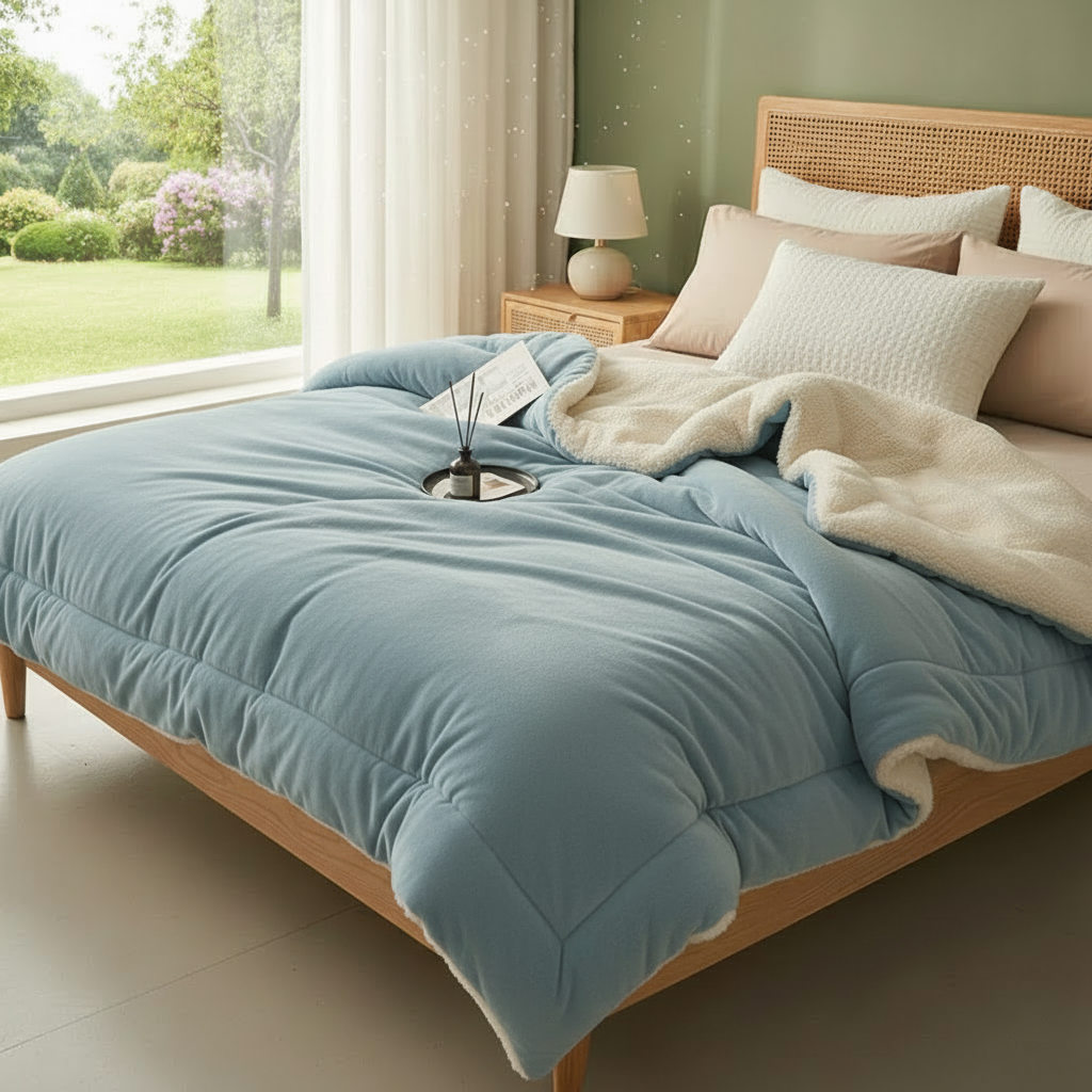 Light blue blanket bedroom scene