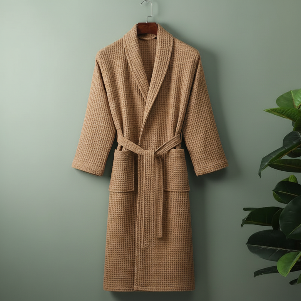 Light Brown Coffee Robe on Sage Green Background