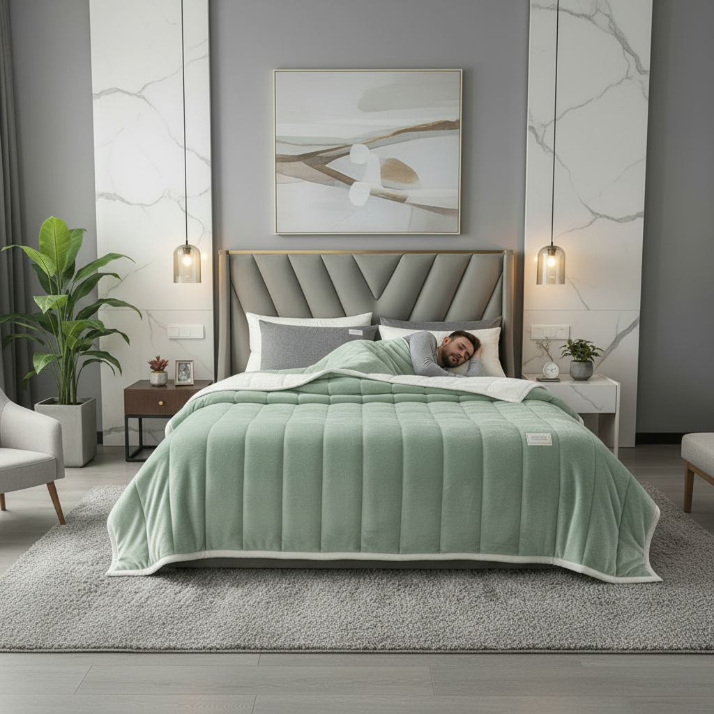 Light green blanket on bed