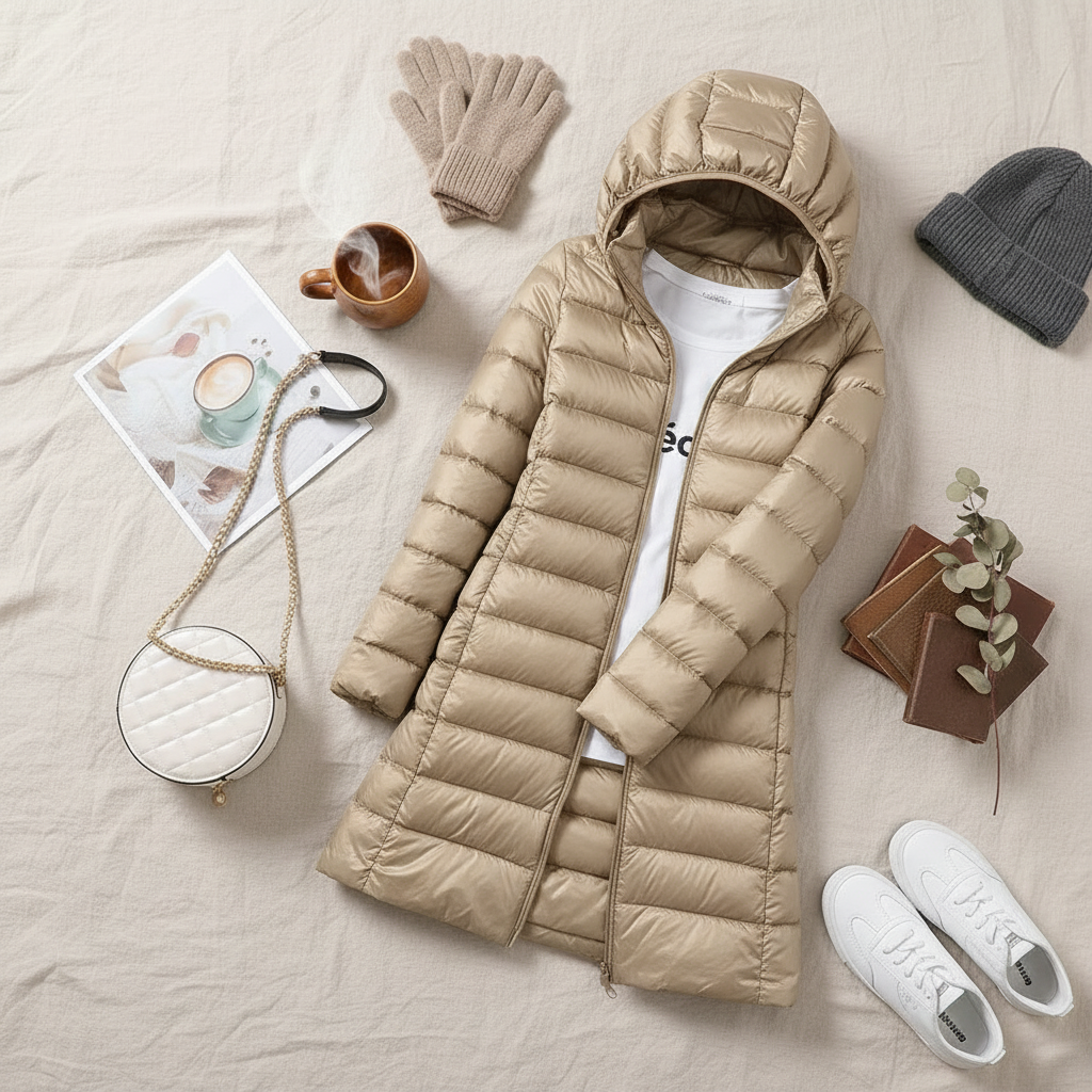Light khaki puffer jacket flat lay