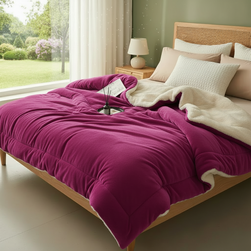 Magenta blanket bedroom scene