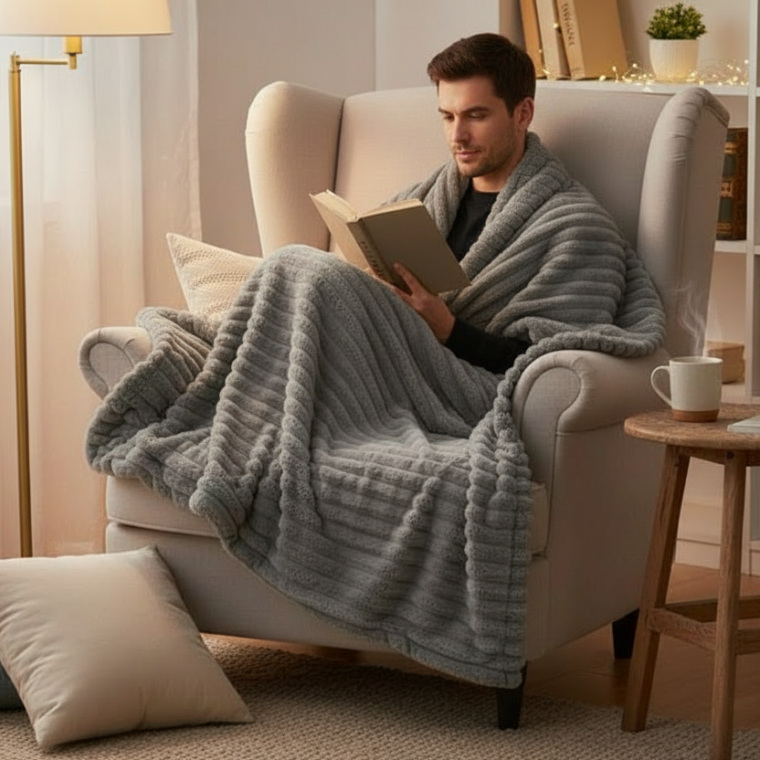 Man reading with blanket