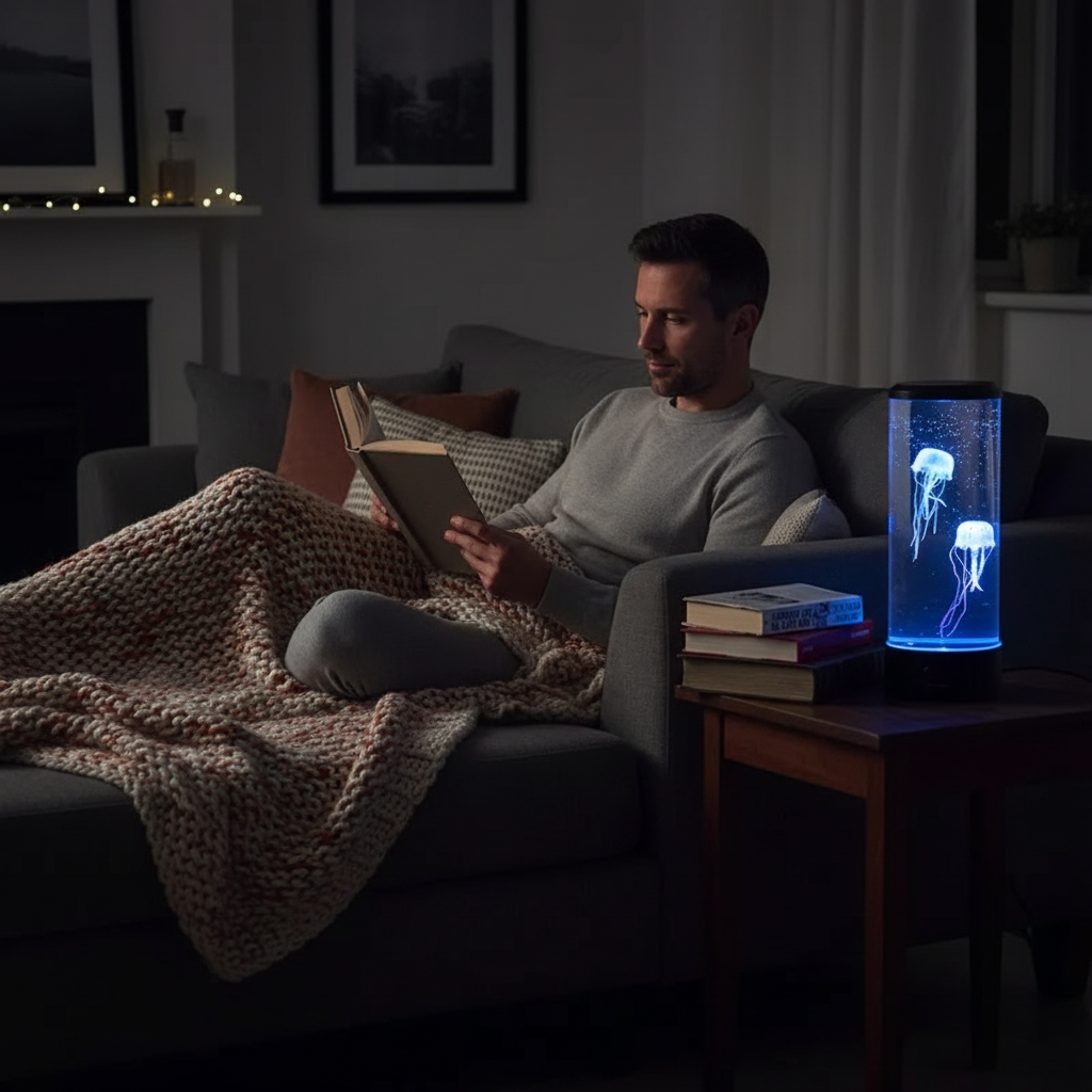 Man reading with jellyfish lamp