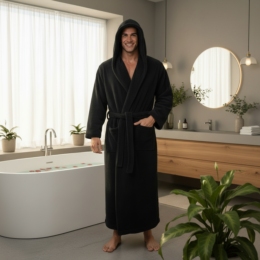 Man wearing black hooded bathrobe in bathroom