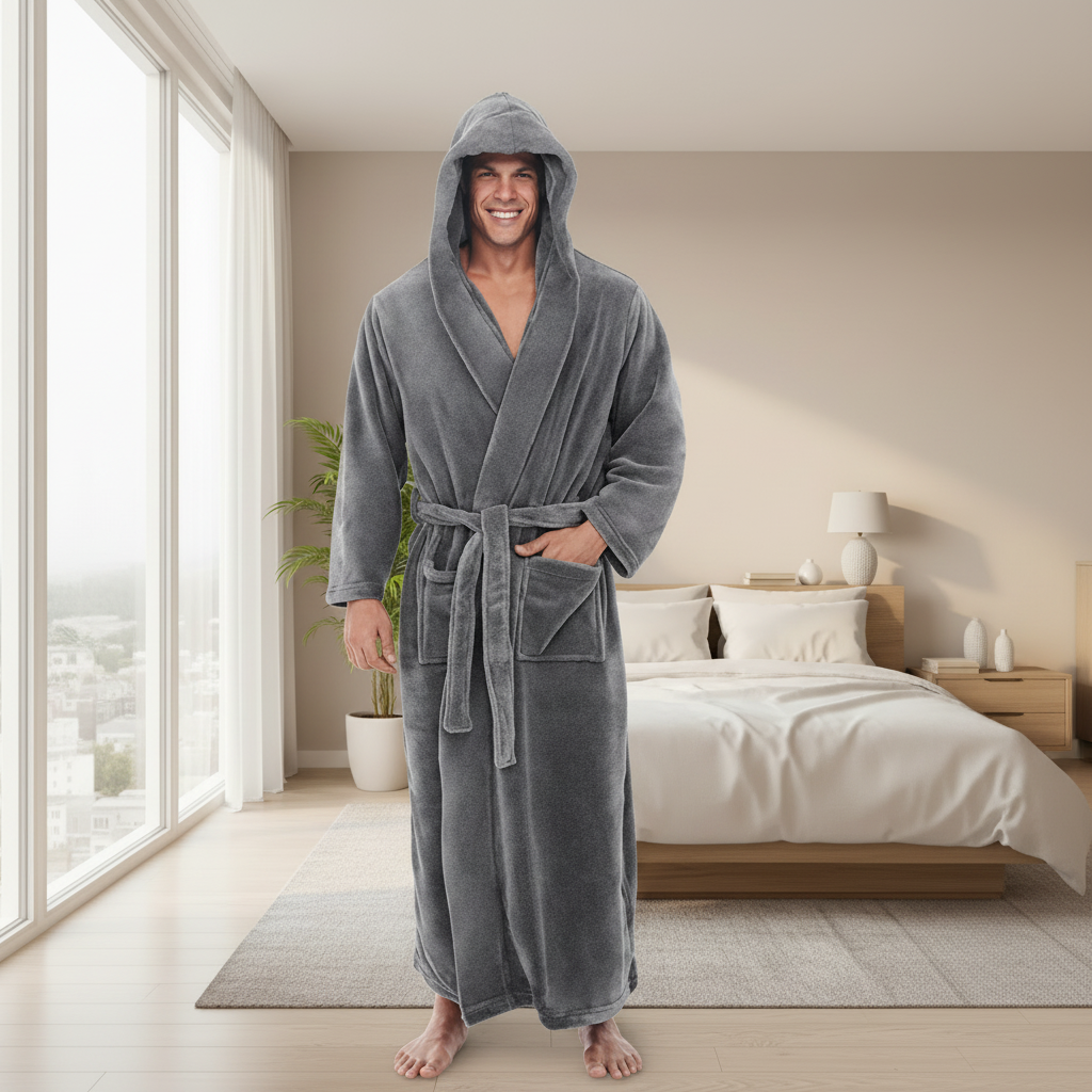 Man wearing gray hooded bathrobe