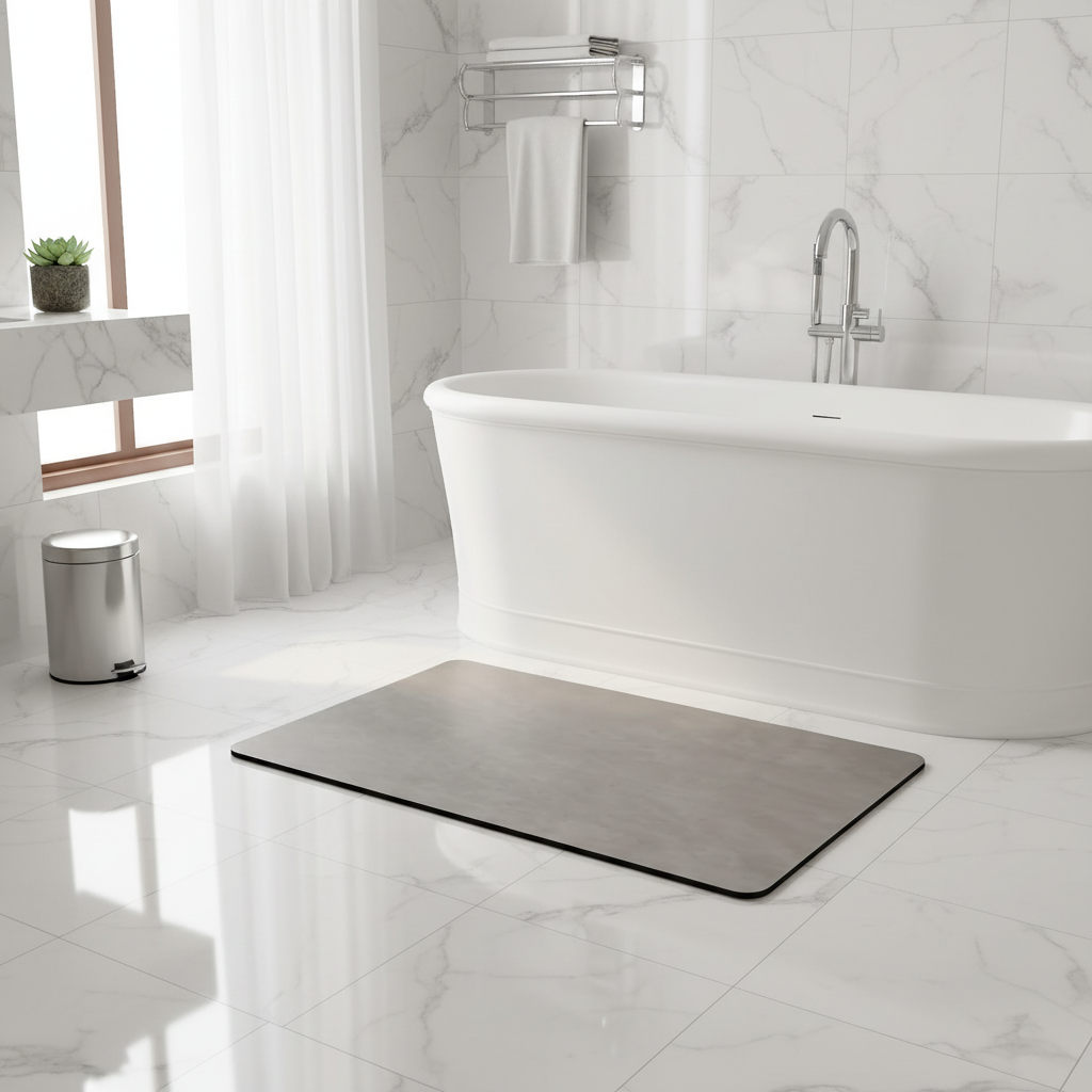 Modern minimalist bathroom with bath mat