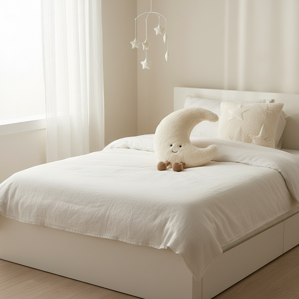 Moon pillow on white bed