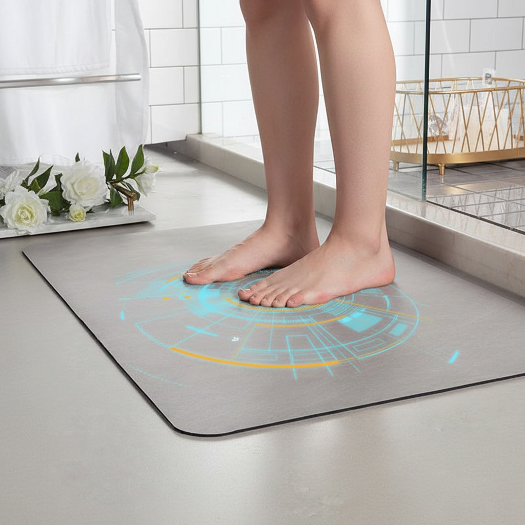 Person's feet on bath mat from side angle
