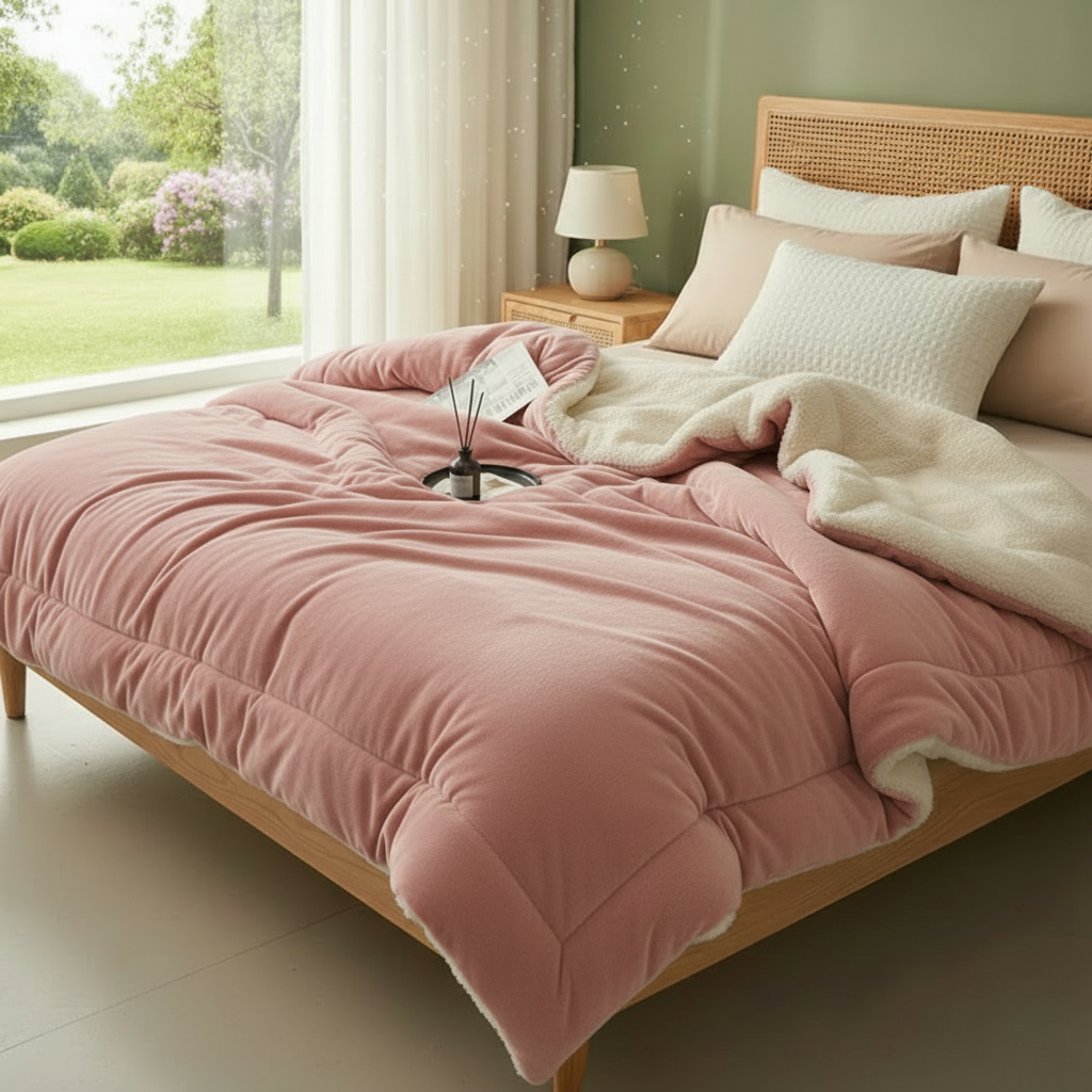 Pink blanket bedroom scene