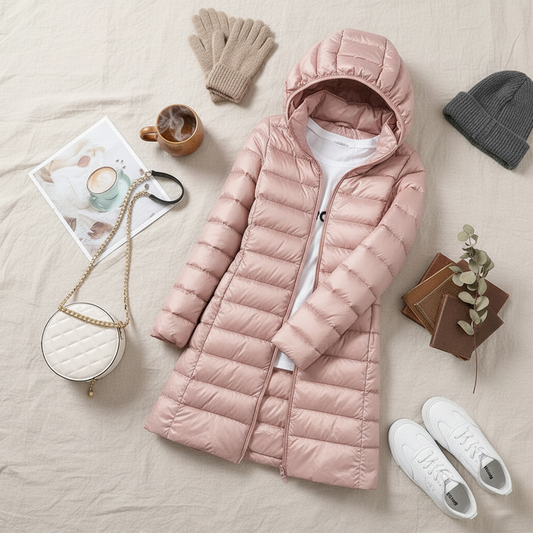 Pink puffer jacket flat lay