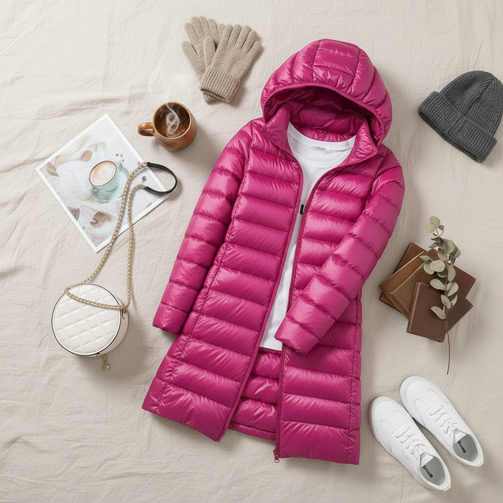 Pink puffer jacket flat lay