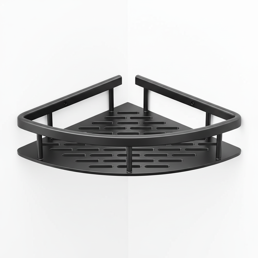 Black corner shower caddy on a white background