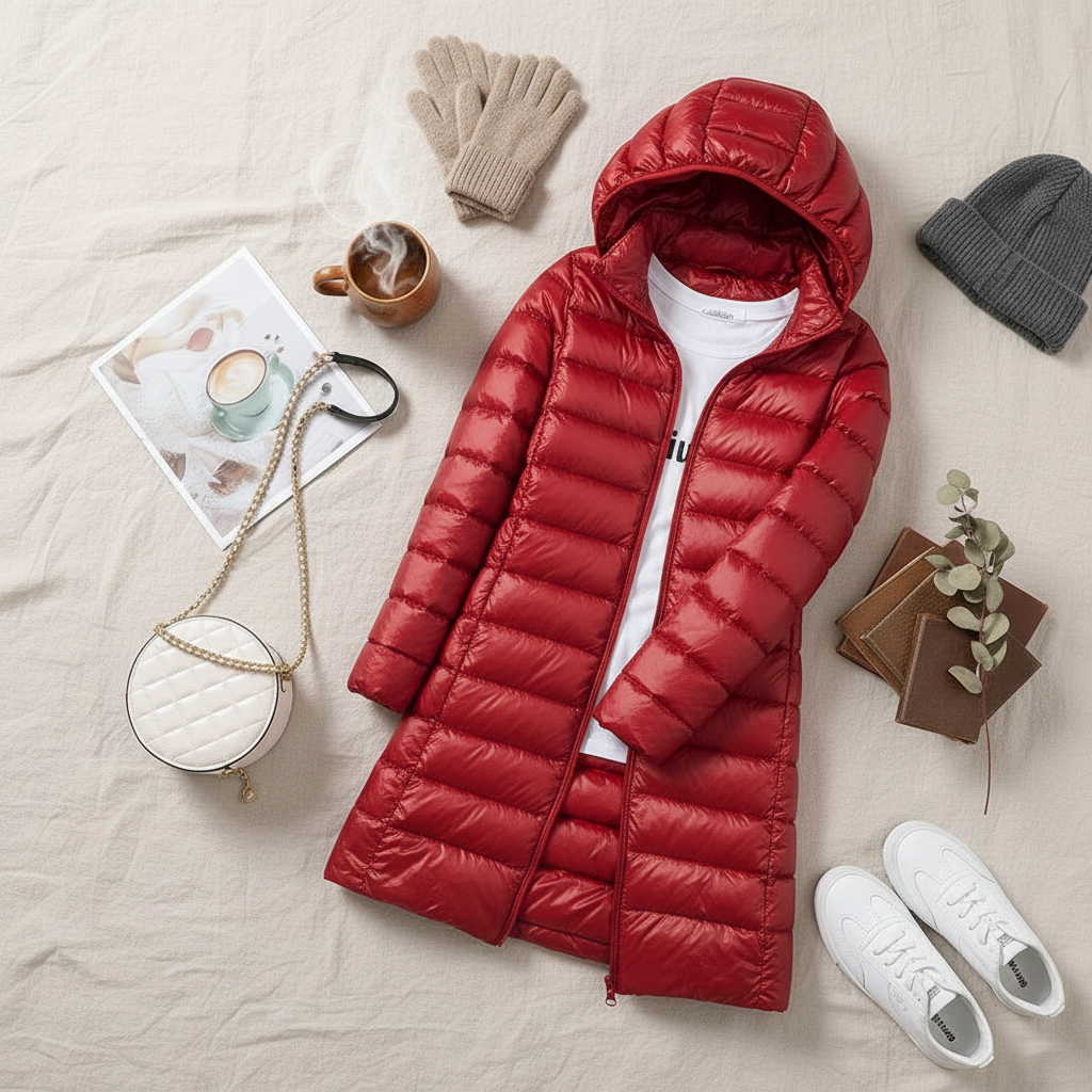 Red puffer jacket flat lay
