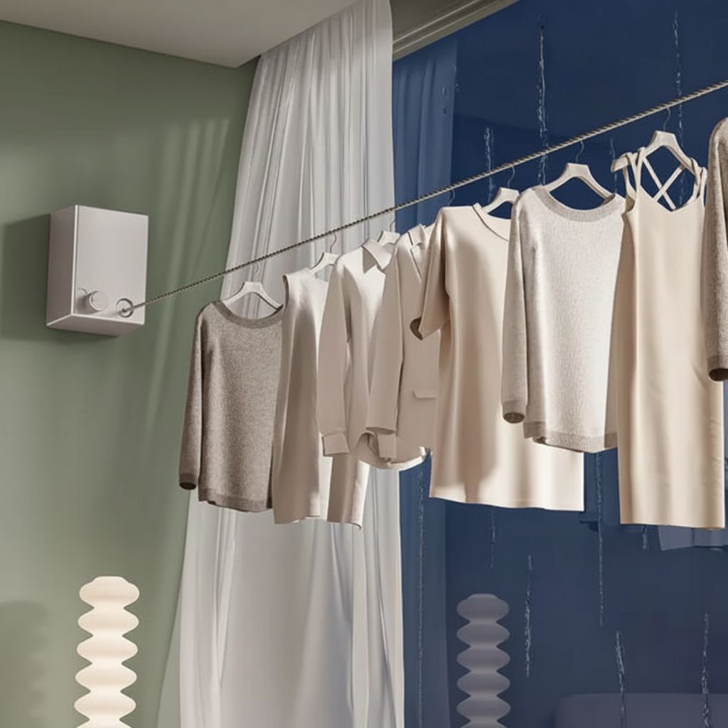 Retractable washing line with clothes on sage green wall