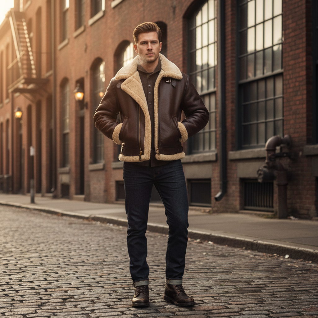 Shearling jacket in urban setting