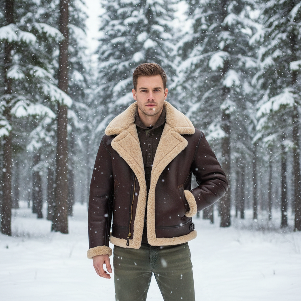Shearling jacket in winter forest